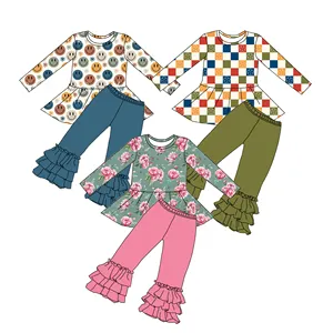 Boutique Automne Hiver Enfants Tenues Fleur Imprimé Bébé Filles Tunique Tops + Pantalon À Volants 2 Pcs Vêtements Ensembles