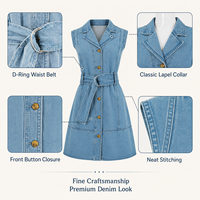 Robe mini en jean droite sans manches coupe ajustée à col classique et boutonnée sur le devant pour femme, décontractée d'été, délavage clair