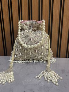 Por encargo exquisito hecho a mano pesado diseñador Potli lujoso terciopelo crudo seda brocado Bases perla detalles boda noche - Product Image 6