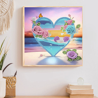 Kit de Peinture Diamant 5D à Perçage Partiel 30x30cm Cœur Rose Fleur Coucher de Soleil Plage Strass Cristal DIY Art Diamant Décoration Murale Maison