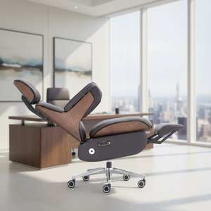 Orta Yüzyıl Modern Deri Ergonomik Elektrikli Ofis Koltuğu |   Ahşap Sırt Desteği |   Ayak dayama yeri |   Ev Ofisi için Uyku Koltuğu - Product Image 1