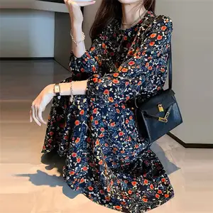 Atacado coreano moda outono roupa feminina, vintage, manga longa estampa, vestido longo casual para mulheres