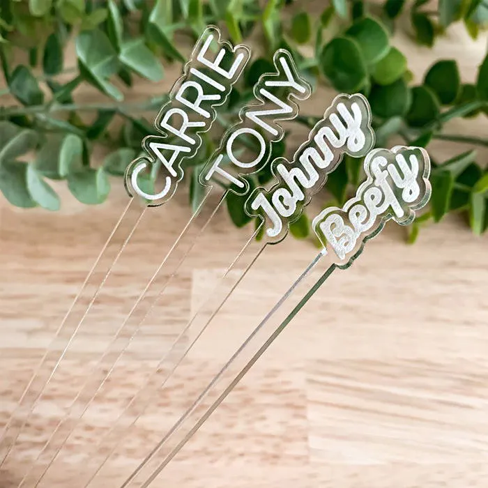 Agitador de bebidas acrílico transparente personalizado con nombre impreso, varillas giratorias acrílicas transparentes para bar