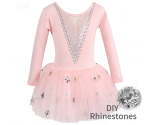 Justaucorps de ballet sans dos pour filles, motif en maille étoilée, strass DLY, manches longues, tenue de danse de ballerine, tutu, tenues de danse pour enfants - Product Image 1