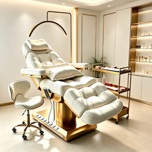 Table de massage électrique au design moderne et créatif, en cuir synthétique capitonné, avec base dorée et 4 moteurs, pour salon de beauté et esthétique - Product Image 1