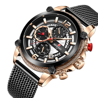 Montre chronographe à quartz pour homme, trois sous-cadrans, fenêtre de date, cadran noir, bracelet en maille bicolore, montre-bracelet de sport