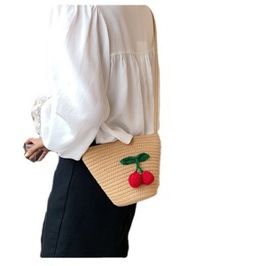 Summer <b>Straw</b> Woven Bucket <b>Bag</b> With Cherry Applique Oval Shape Zipper Closure Beach Portable Bohemian Style Women's Shoulder <b>Bag</b> - Product Image 5