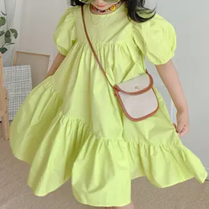 Shopify Dropshipping Agente Sourcing Agente cor sólida vestido crianças algodão princesa meninas puff manga plissado vestidos