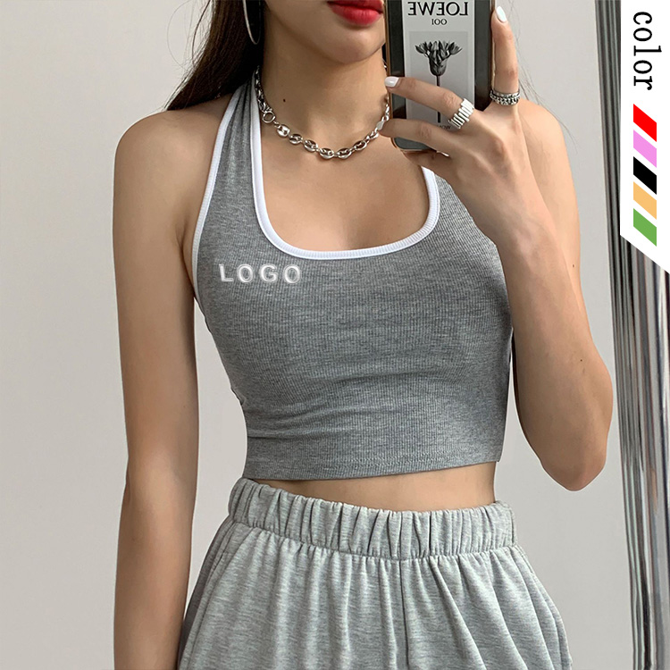 Custom Logo Ladies Sexy Backless Sports Knitted Rib Vest Women Halter Crop Tank Top
