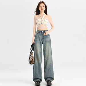 Interior Real Shot Design American <span class=keywords><strong>Jeans</strong></span> Retro Azul Pierna ancha Pantalones rectos holgados Pantalones de fregona Pantalones - Product Image 3