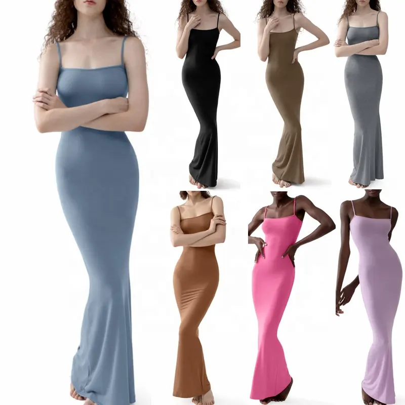 Women's Sexy Slip Maxi Dress Soft Lounge Ribbed Bodycon Dresses for Women