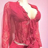 Nouvel ensemble deux pièces sexy pour femme en dentelle transparente à nouer devant, cardigan à manches longues avec pantalon en dentelle assorti