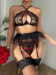 G2405063 kadınlar seks sevgililer günü iç çamaşırı seti seksi kırmızı dudak iç çamaşırı 3 parça Set kalp nakış erotik şeffaf iç çamaşırı - Product Image 2