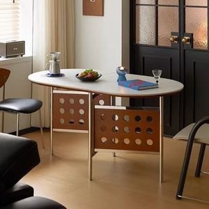 Oval Foldable Extendable Wooden <b>Dining</b> <b>Table</b> With Stone Slab Top For Small Spaces Nordic Style - Product Image 2