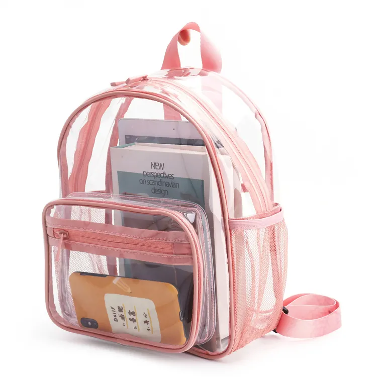 स्टॉक में गुलाबी पारदर्शी पीवीसी बैकपैक बैग स्कूल वाटरप्रूफ आउटडोर क्लियर बैकपैक