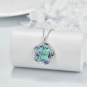 Women 925 Sterling Silver Jewelry Abalone Shellfish Stone Witch Necklace Magic Pentagram Moon Pendant Necklace