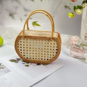 Natural Handwoven Rattan Bags for Women Handmade Wicker Woven Handbag Circle Boho Bag