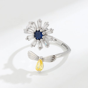 Geometric Colorful Cubic Zirconia Rotate Flower Ring Copper White Gold Plated Honey <b>Bee</b> Open Rings Anxiety Relief Jewelry - Product Image 3