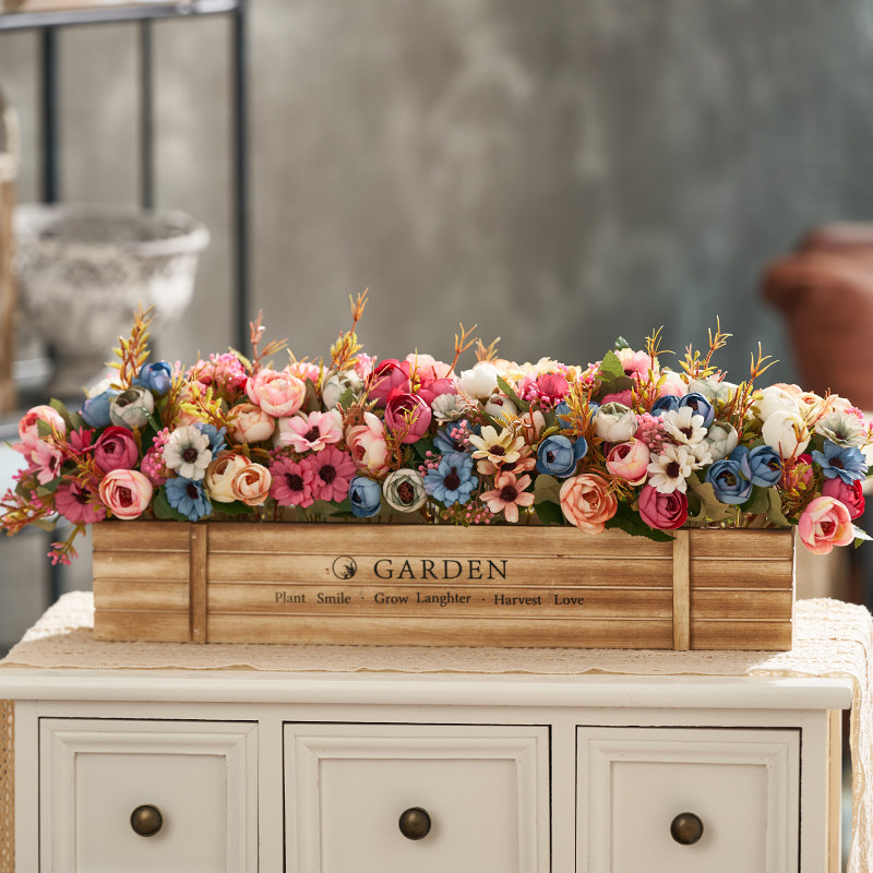 Boîte en bois longue de 50 cm - Roses couleurs assorties