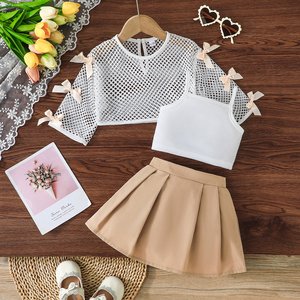 ชุดเสื้อผ้าเด็กผู้หญิงสำหรับฤดูร้อน เสื้อแขนยาวผ้าตาข่ายระบายอากาศ เสื้อแขนกุด + กางเกงขาสั้น ชุดแฟชั่นสามชิ้น - Product Image 1