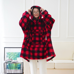 Sweat-shirt à capuche géant en <span class=keywords><strong>polaire</strong></span>, motif écossais rouge, couverture portable pour femmes et hommes, couverture <span class=keywords><strong>polaire</strong></span> portable chaude et confortable - Product Image 1