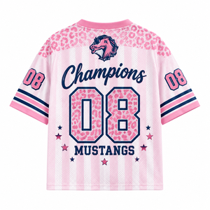 Camiseta Deportiva Corta de Fútbol para <span class=keywords><strong>Mujer</strong></span>, Estampado de Leopardo Rosa, Mustangs 08 Champions, Cuello en V, Malla, Manga Corta, Uniforme de Equipo Personalizado - Product Image 3