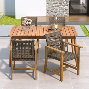 5-Piece Modern Design Water Resistant Patio <b>Dining</b> Set 63" Slatted <b>Table</b> & 4 Acacia Wood & PE <b>Rattan</b> Chairs for Patio Garden - Product Image 1