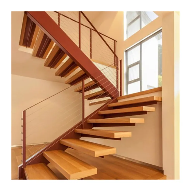Straight Stairs Mono Stringers Open Wood Riser Staircase with Glass Railing