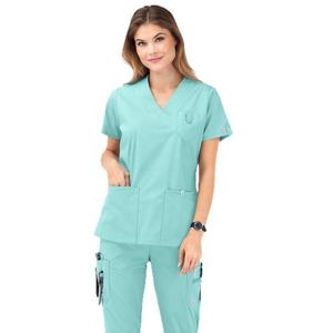 사용자 정의 로고 속건 스판덱스 짠 저지 레이온 반팔 외과 가운 세트 고탄력 병원 유니폼 스크럽 디자인 - Product Image 4