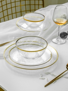 <span class=keywords><strong>Assiette</strong></span> ronde en verre transparent écologique HYC-PL04 avec bord doré pour banquets de mariage et dîners en promotion - Product Image 3