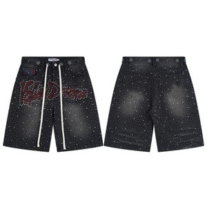 <strong>High</strong> Street Boot Cut Mid <strong>Waist</strong> Embroidered Rhinestone Letter Medium Wash Vintage Casual Nylon/Cotton <strong>Denim</strong> <strong>Shorts</strong> - Product Image 1