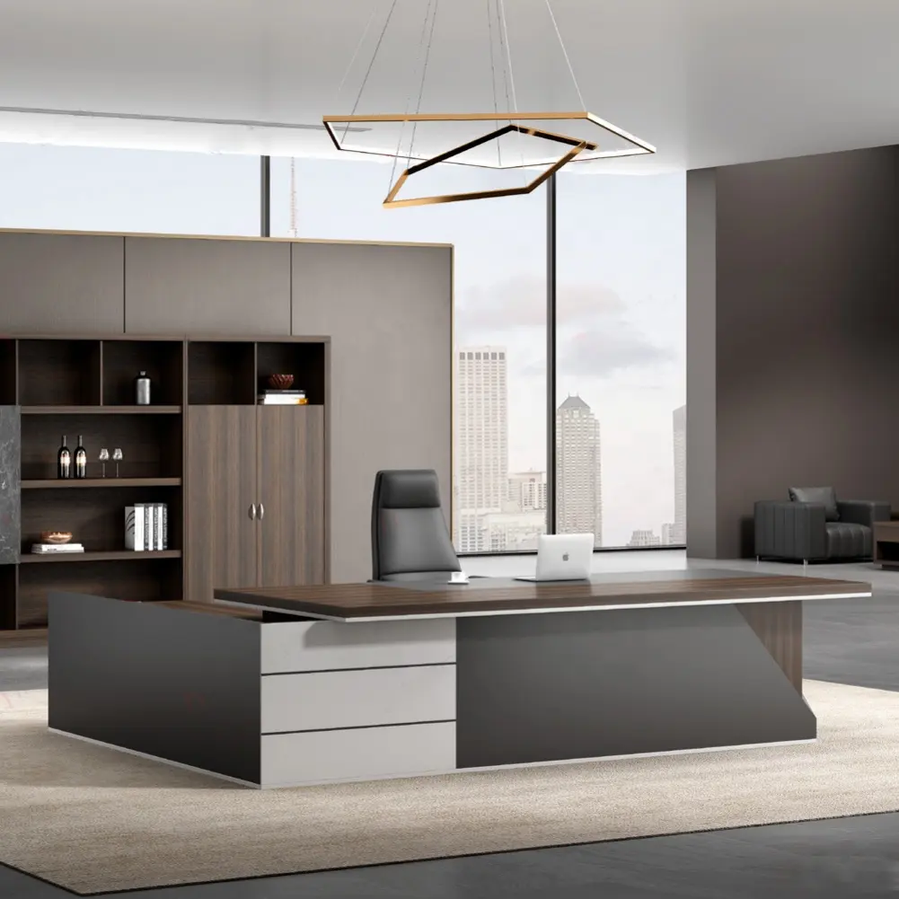 Mesa moderna en forma de l para oficina y ejecutiva, mesa de trabajo con panel blanco de metal, madera y vidrio, Ordenador de lujo, muebles de alta tecnología