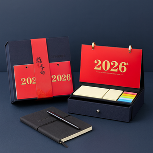 Customizable 2026 Desktop Calendar Set with Storage Drawer Pen and Memo Pads, Premium Corporate Gift for Business Promotions