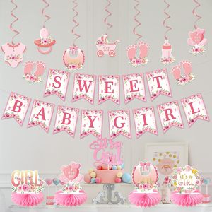 Decorazioni Rosa per Baby Shower, Articoli per Baby Shower 'Sweet Baby in Bloom', Topper per Torta 'È una <span class=keywords><strong>Bambina</strong></span>', Decorazioni a Nido d'Ape, Bandierine Appese - Product Image 6