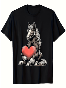 T-shirt da uomo per San Valentino, con stampa digitale di cavallo e cuore rosso, nera, vestibilità ampia, casual, a maniche corte, girocollo, in jersey - Product Image 1