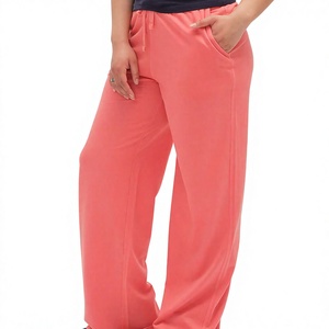 Pantalones de chándal anchos de coral para mujer, de cintura media, con cordón elástico, informales, de punto, de color liso, de largo completo - Product Image 1