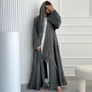 2024 negro islámico señoras tela boda abierto Abayas conjunto Color sólido manga larga negro abierto Abaya Dubai con diseños de bordado
