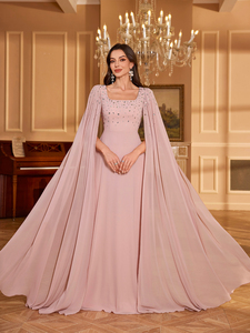 Robe de soirée Maxi en mousseline de soie à manches longues et fente au sol pour femmes de grande taille col <span class=keywords><strong>carré</strong></span> avec strass et paillettes - Product Image 3