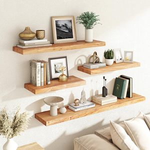 Étagères flottantes en bois d'orme massif à bords naturels, style rustique, avec <span class=keywords><strong>support</strong></span> <span class=keywords><strong>invisible</strong></span>, à fixer au mur pour rangement et présentation dans la chambre - Product Image 2