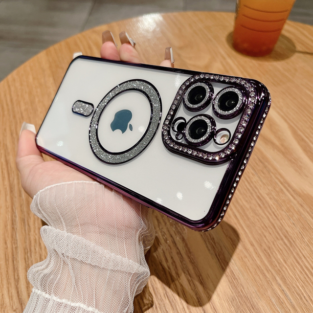 Luxury Glitter Magnetic Charging Phone Case Street Fashion Bling Diamond Phone Cover for Iphone 11 12 13 14 Plus Pro Max