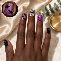 24 faux ongles carrés courts à presser pour Halloween, motif chauve-souris, toile d'araignée et citrouille