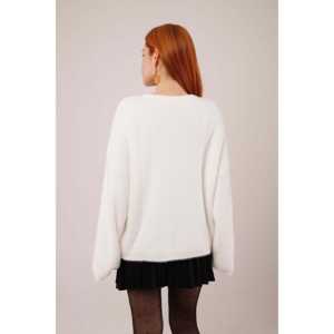 Pull blanc moelleux à coupe ample pour femme, tricot décontracté anti-boulochage à manches longues - Product Image 1