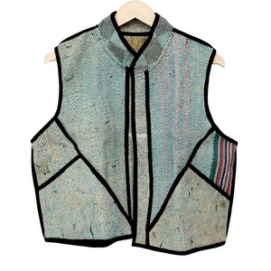 Gilet en tricot tissé imprimé à rayures et patchwork, col mandarin, style utilitaire, 100 % coton, pour l'hiver et l'automne, avec bordure contrastante, ouvert - Product Image 1