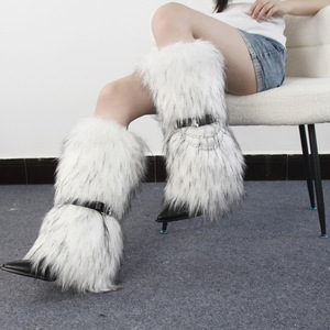ODM OEM Vintage Punk Suni Kürk Yüksek Topuklu Botlar Bayanlar Tokalı Askılı Zincir Tasarımlı Sıcak Peluş Diz Üstü Botlar Kulüp Günlük Kullanım İçin - Product Image 3