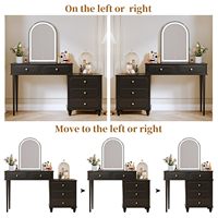 Bureau de toilette moderne noir à 5 tiroirs avec miroir LED arqué et armoire latérale mobile, station de charge intégrée pour chambre à coucher.