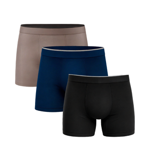 Calzoncillos bóxer para hombre, paquete de 3, color liso, algodón tejido, tiro medio, ropa interior transpirable con logo en la cintura - Gris/Negro/Azul marino - Product Image 1