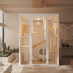 Meuble pour animaux de compagnie de luxe avec structure en acier au carbone, bois massif et verre trempé, grand espace, style villa - Product Image 2