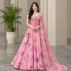 Blusa de organza Gmy con bordado de diseñador y lentejuelas, con lehenga estampada digitalmente y conjunto de dupatta estampado digitalmente. - Product Image 1