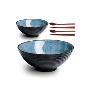 8 Inch Ceramic Ramen Bowl Set of 2 40 oz Porcelain Japanese Soup Noodle Bowls Porcelain Ramen Bowl with Chopsticks and Spoons