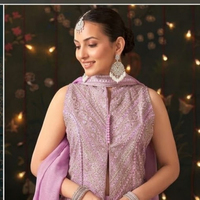 Setelan Kurti Tanpa Lengan Gaya Jaket Bordir Lavender Desainer Wanita dengan Celana Palazzo Mengembang dan Dupatta, Gaya Indo-Western India